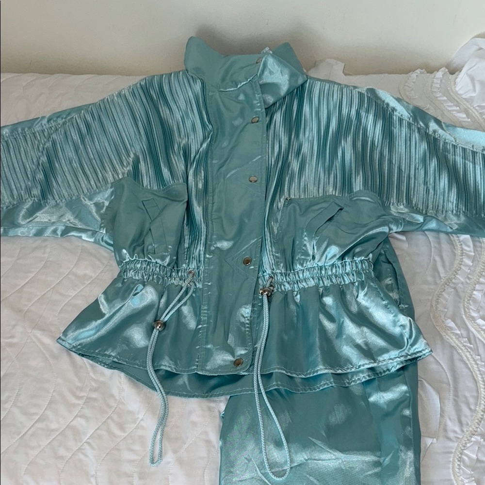 Teal Satin Jacket and Pants Set